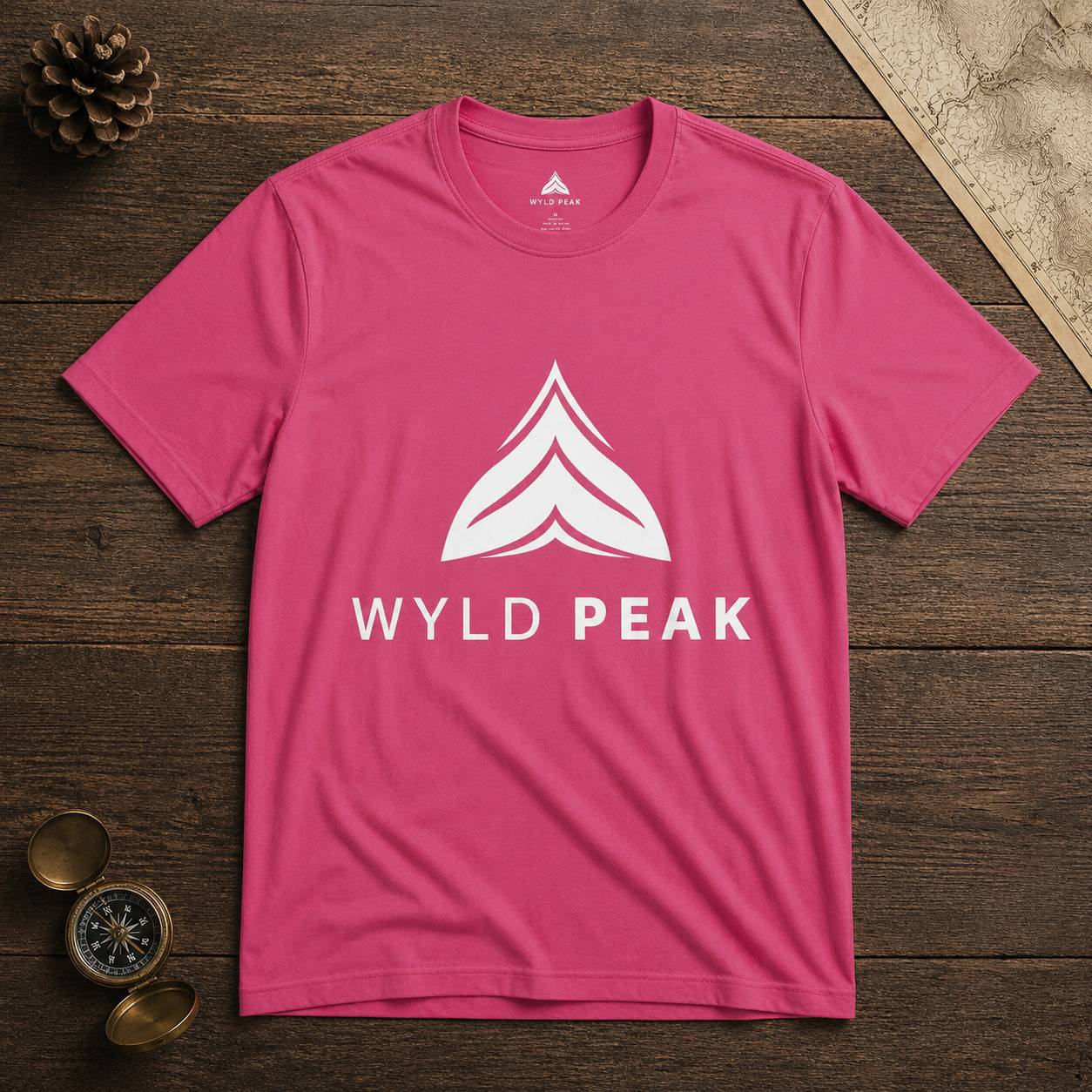 Pink t-shirt with 'Wyld Peak' logo on a wooden surface