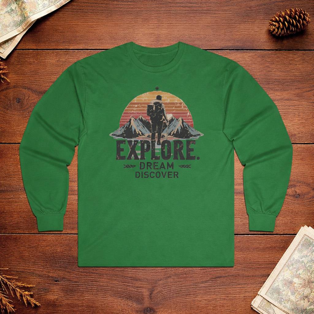 Green long-sleeve shirt with outdoor-themed design on a wooden surface