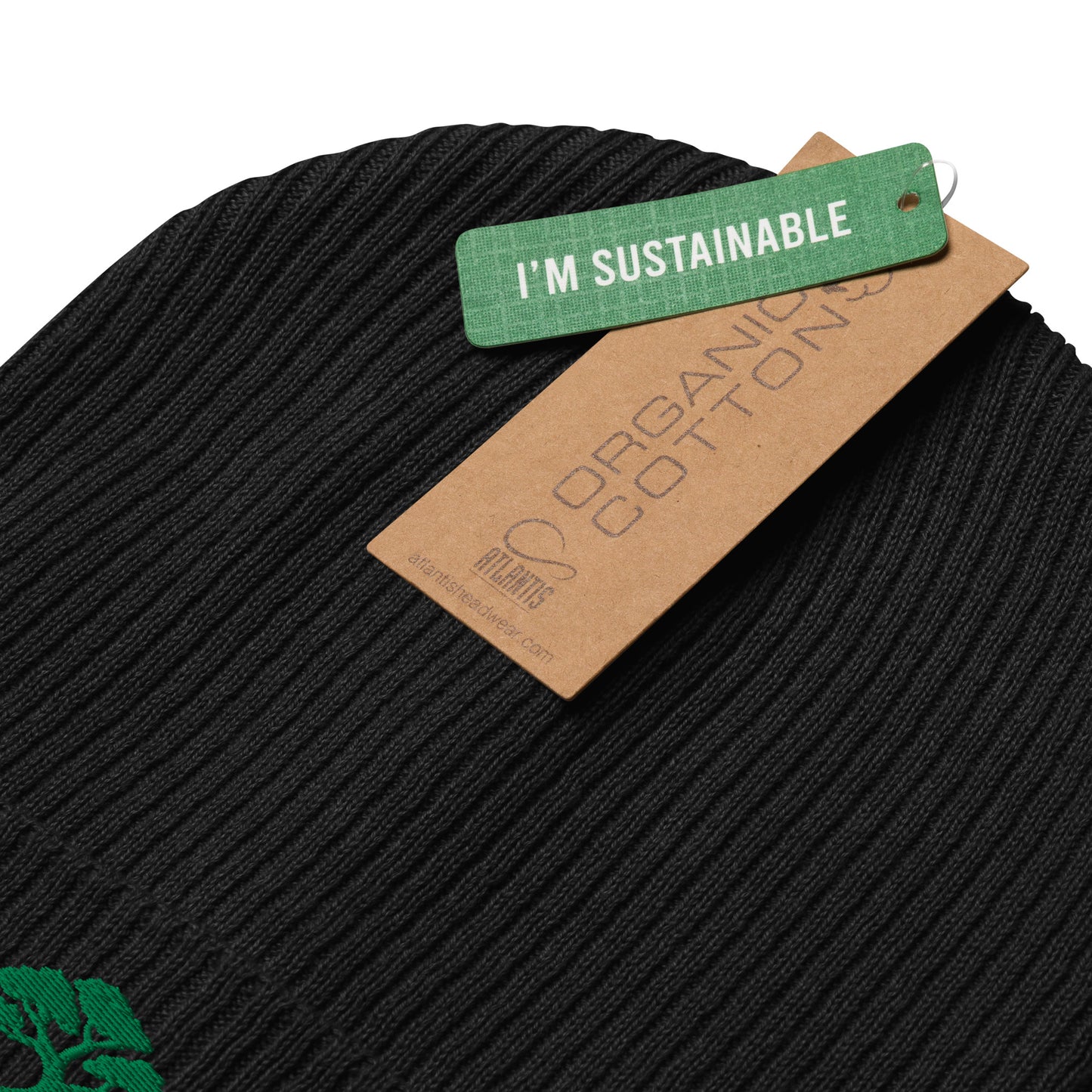 Close-up of a black ribbed knit beanie with a green 'I'M SUSTAINABLE' hangtag and a brown paper tag reading 'ORGANIC COTTONS' and 'plantins.com'.