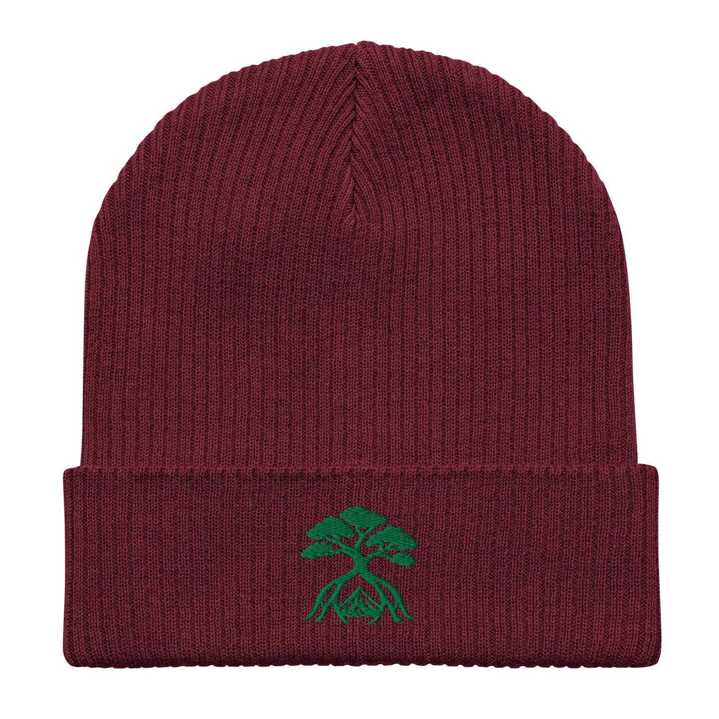 A ribbed knit cuffed beanie in deep burgundy with a small green embroidered tree logo on the front cuff, shown against a plain white background.