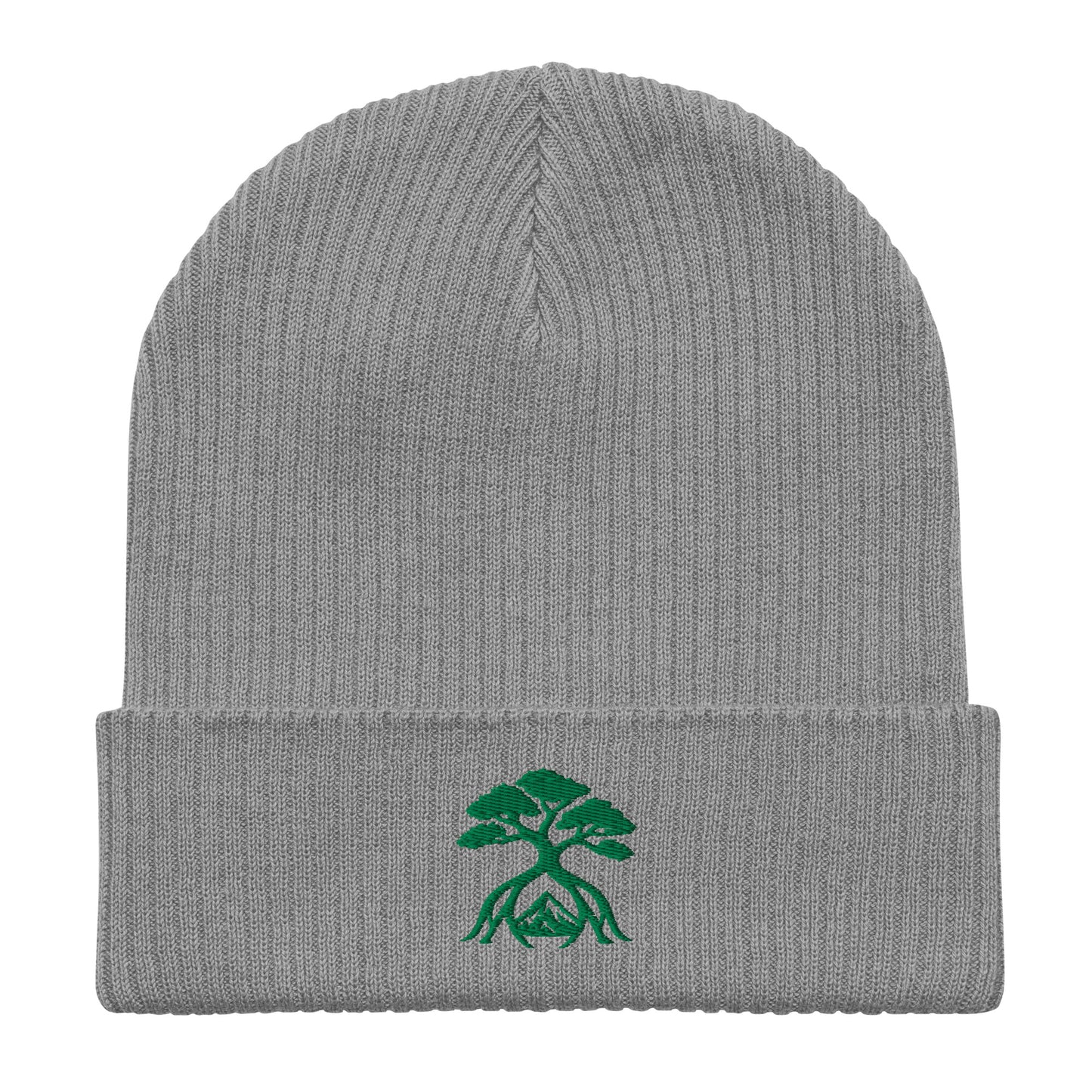 A gray ribbed knit beanie hat featuring a green embroidered bonsai tree with visible roots on the front of the folded cuff, shown against a plain white background.