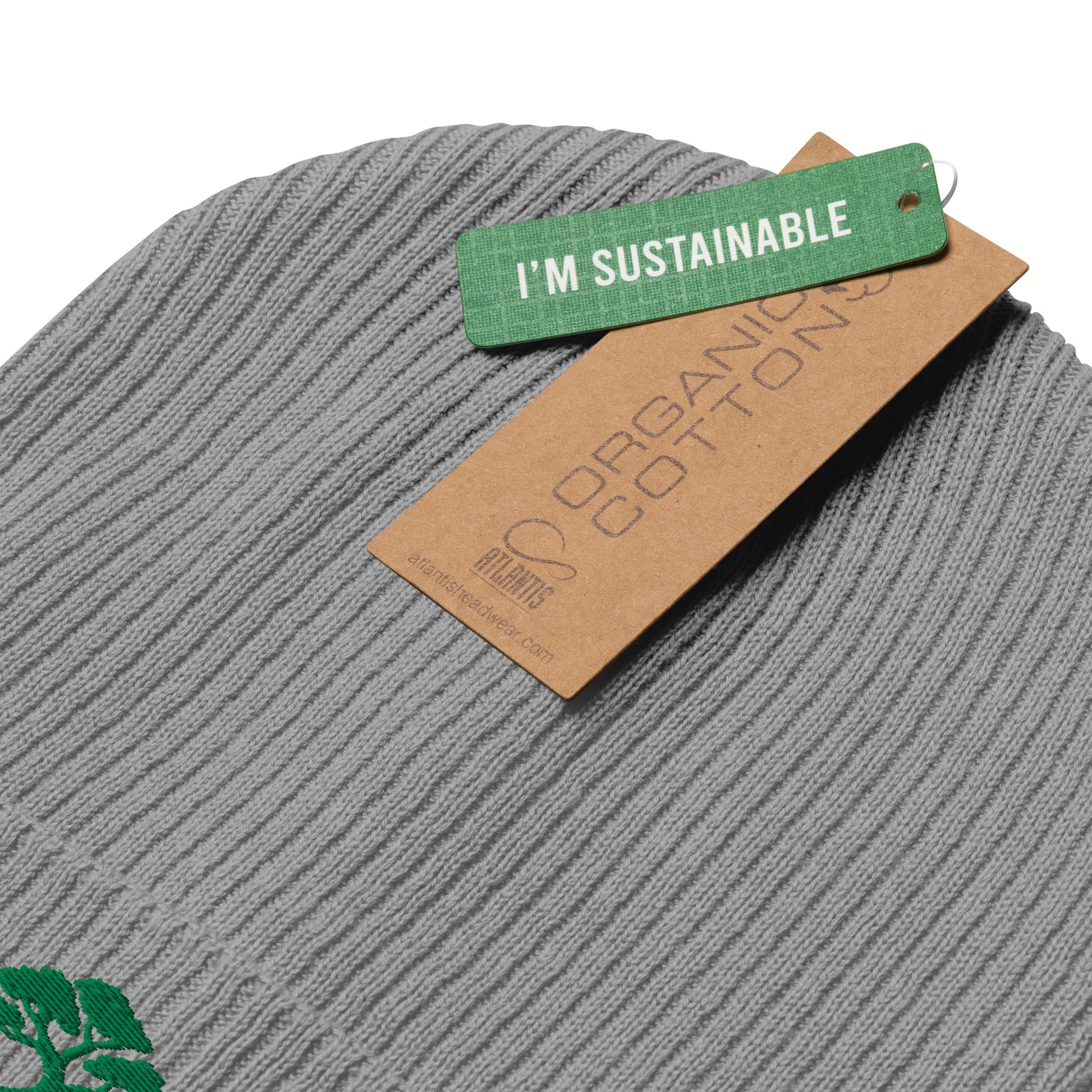 Close-up of a gray ribbed knit beanie with a green 'I'M SUSTAINABLE' tag and a brown 'ORGANIC COTTON' brand tag on a white background.