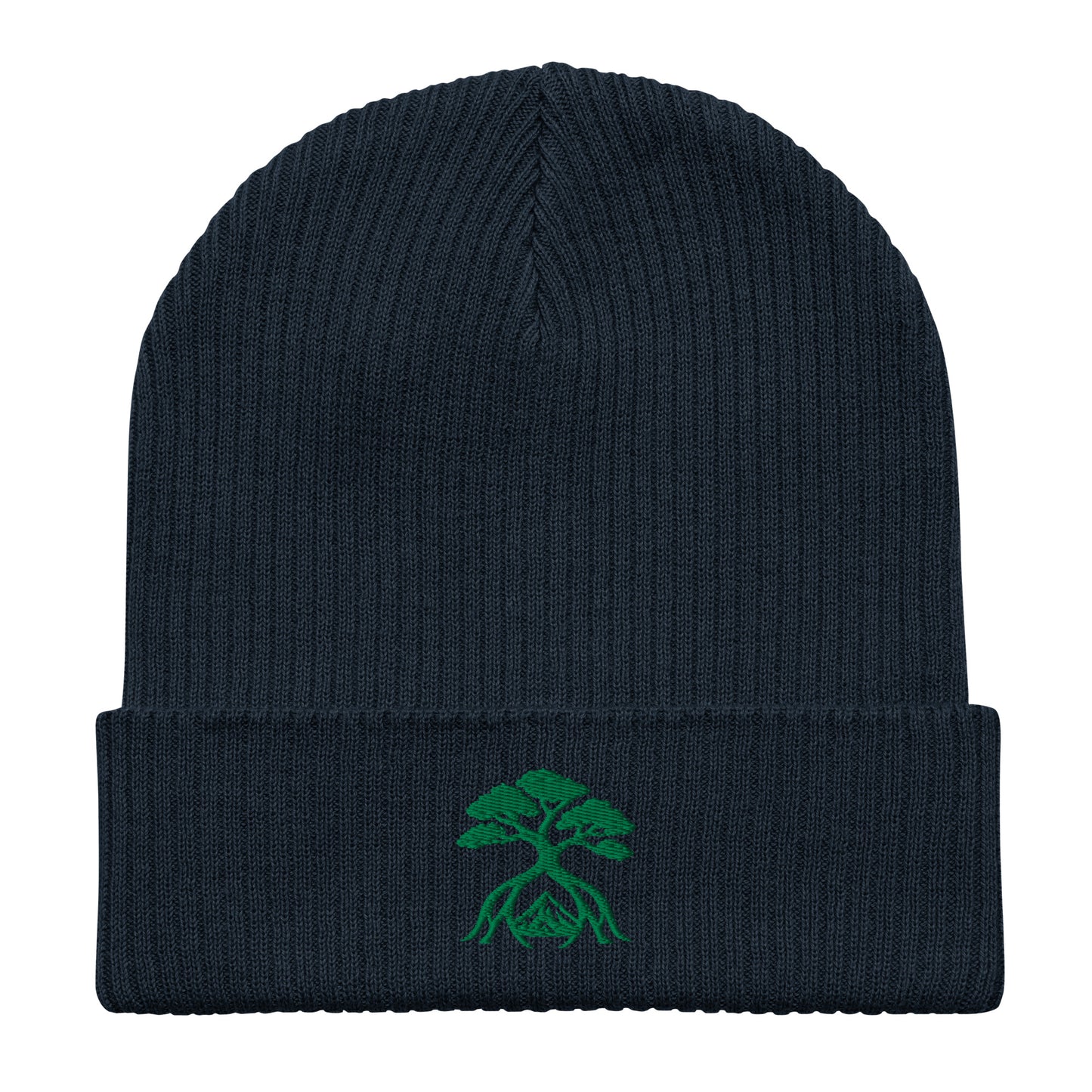 A dark navy blue ribbed knit beanie hat with a folded cuff, featuring a green embroidered stylized tree logo on the front center of the cuff.
