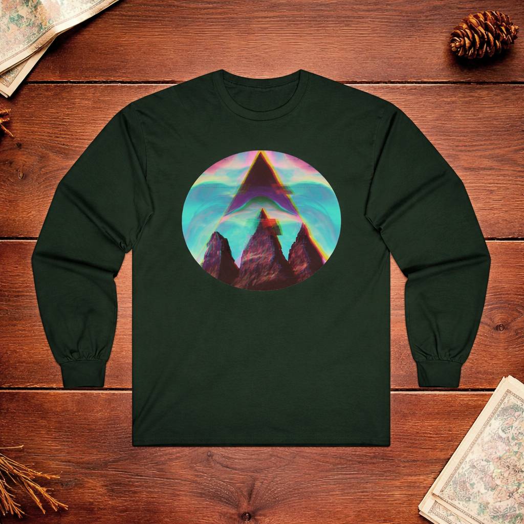 Dark green long-sleeve shirt with a colorful mountain graphic on a wooden surface