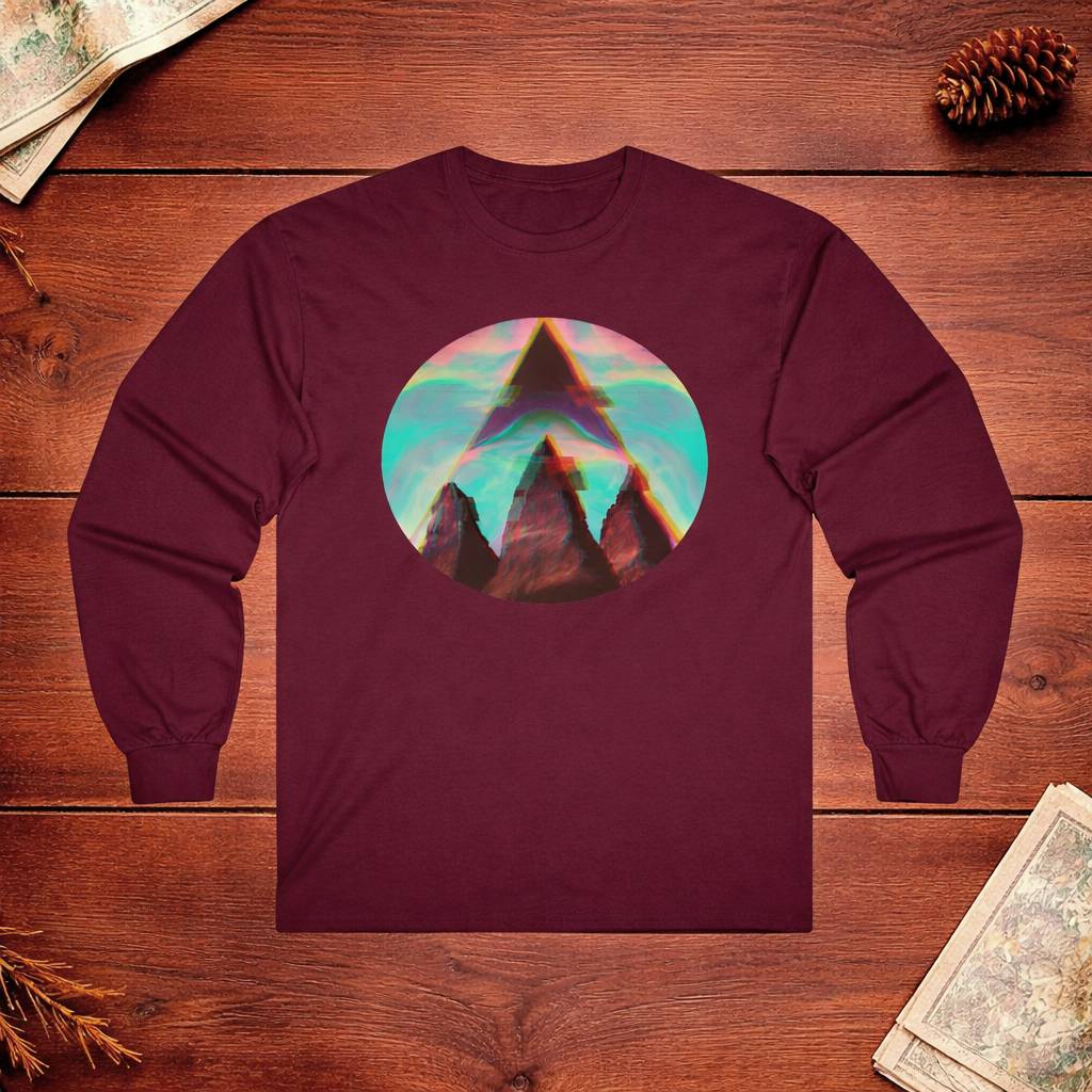 Maroon long-sleeve shirt with a colorful mountain graphic on a wooden surface