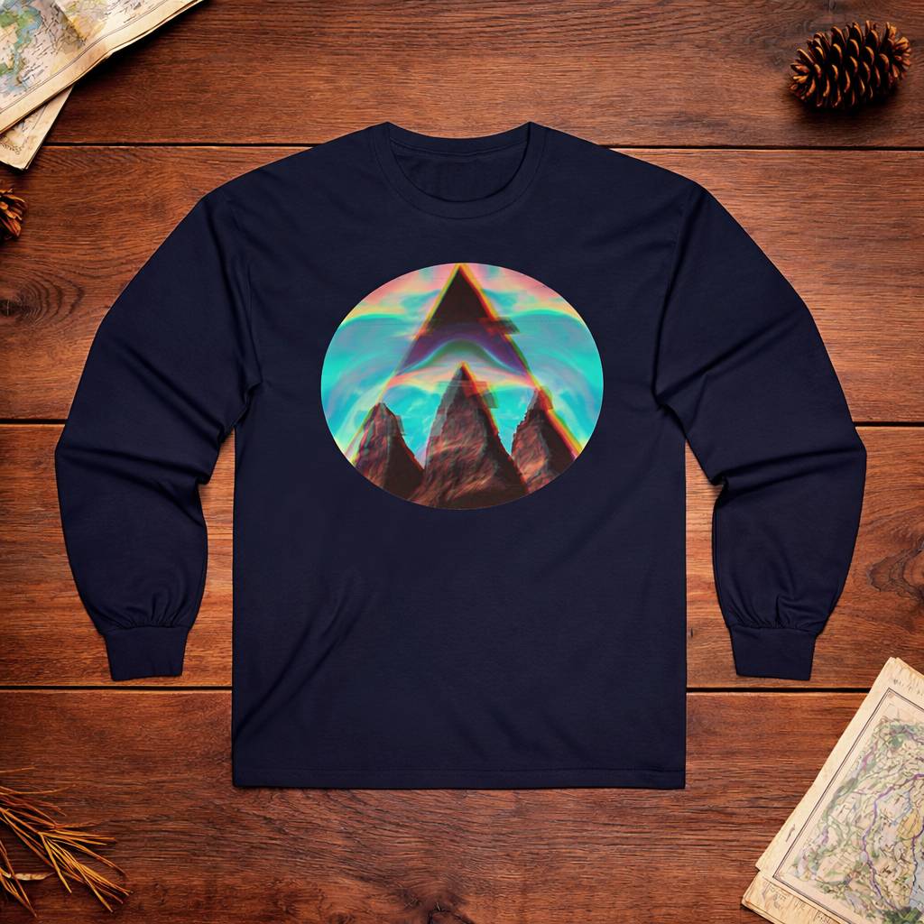 Navy blue long-sleeve shirt with a mountain graphic on a wooden surface