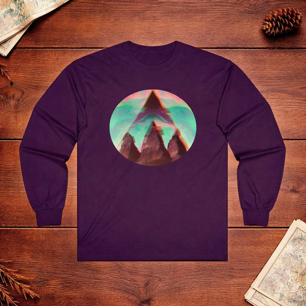 Purple long-sleeve shirt with a circular graphic of mountains on a wooden surface