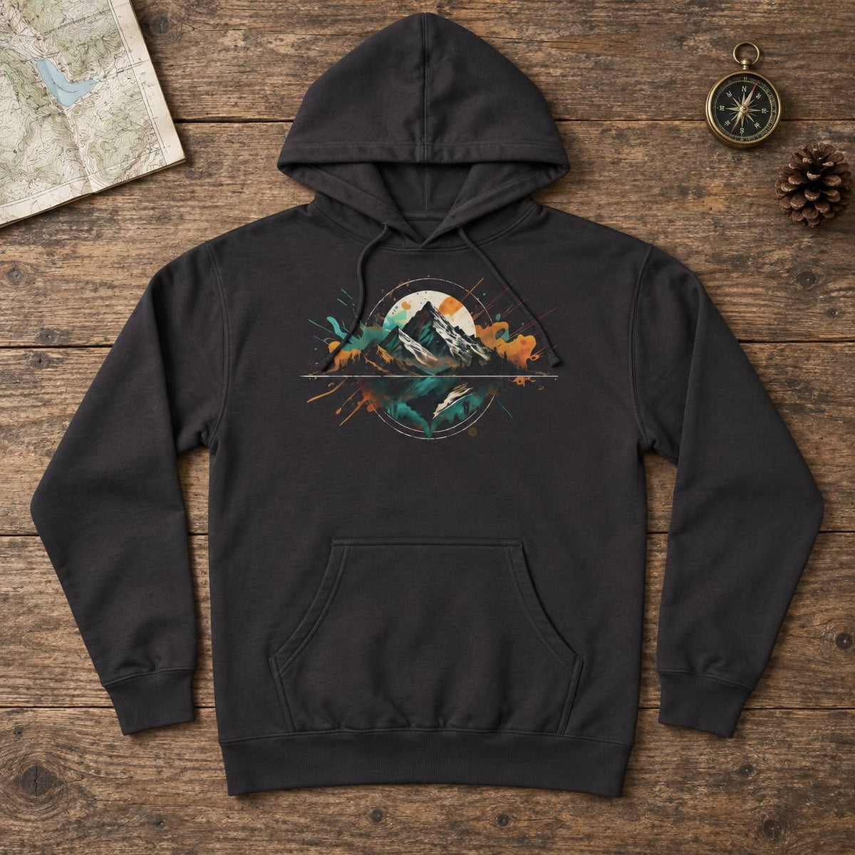 A dark charcoal gray hoodie with a colorful mountain and lake graphic on the chest, laid flat on a rustic wooden background with a map, compass, and pinecone props.