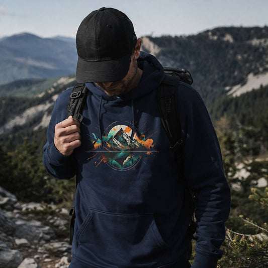 Person wearing a dark blue hoodie with a mountain design, standing in a mountainous landscape.