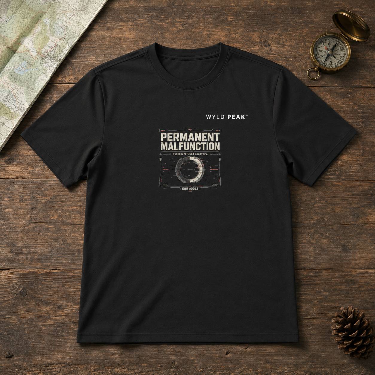 A black short-sleeve t-shirt with a distressed white graphic on the chest reading 'WYLD PEAK' and 'PERMANENT MALFUNCTION' with a compass design. The shirt is displayed flat on a rustic dark wood background with a map, compass, and pinecone as props.