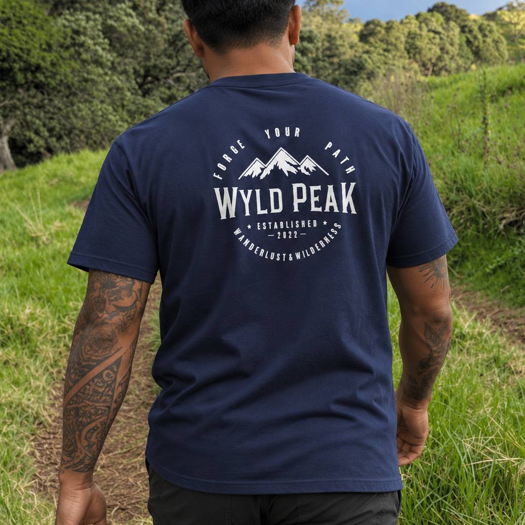 A man viewed from behind wearing a navy blue t-shirt with a white graphic print on the back that reads 'Wyld Peak' and 'Wanderlust and Wilderness'. He is standing on a grassy path in an outdoor setting with trees in the background.