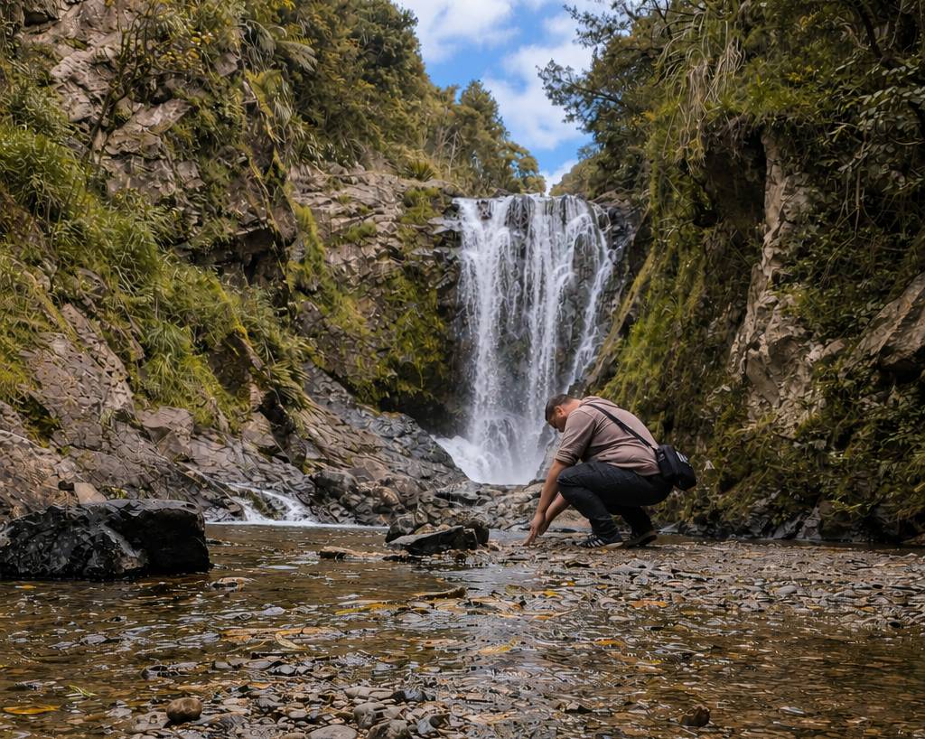 A man crouches in a rocky stream beside a tall waterfall cascading down a mossy cliffside, with trees and blue sky above.