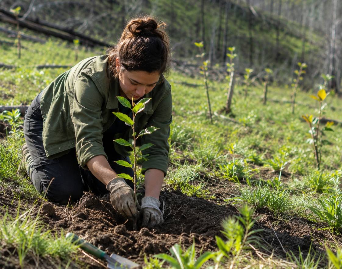 Person planting a tree in a grassy field