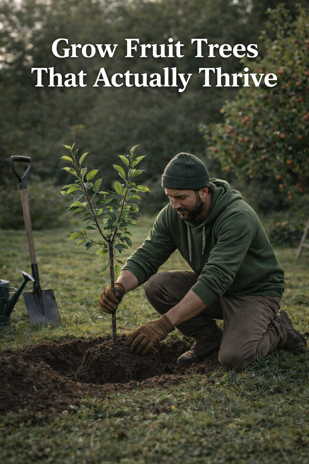 Man planting a tree with text 'Grow Fruit Trees That Actually Thrive' in an outdoor setting.