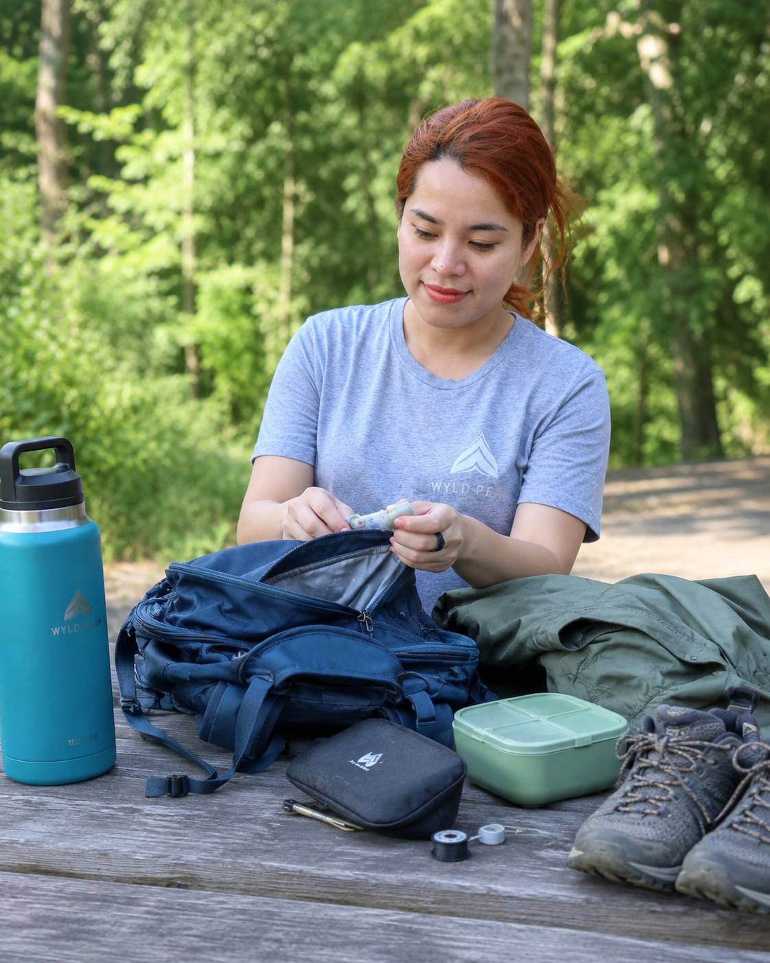 Woman preparing for a hike with backpack, water bottle, and lunch box in a forest setting