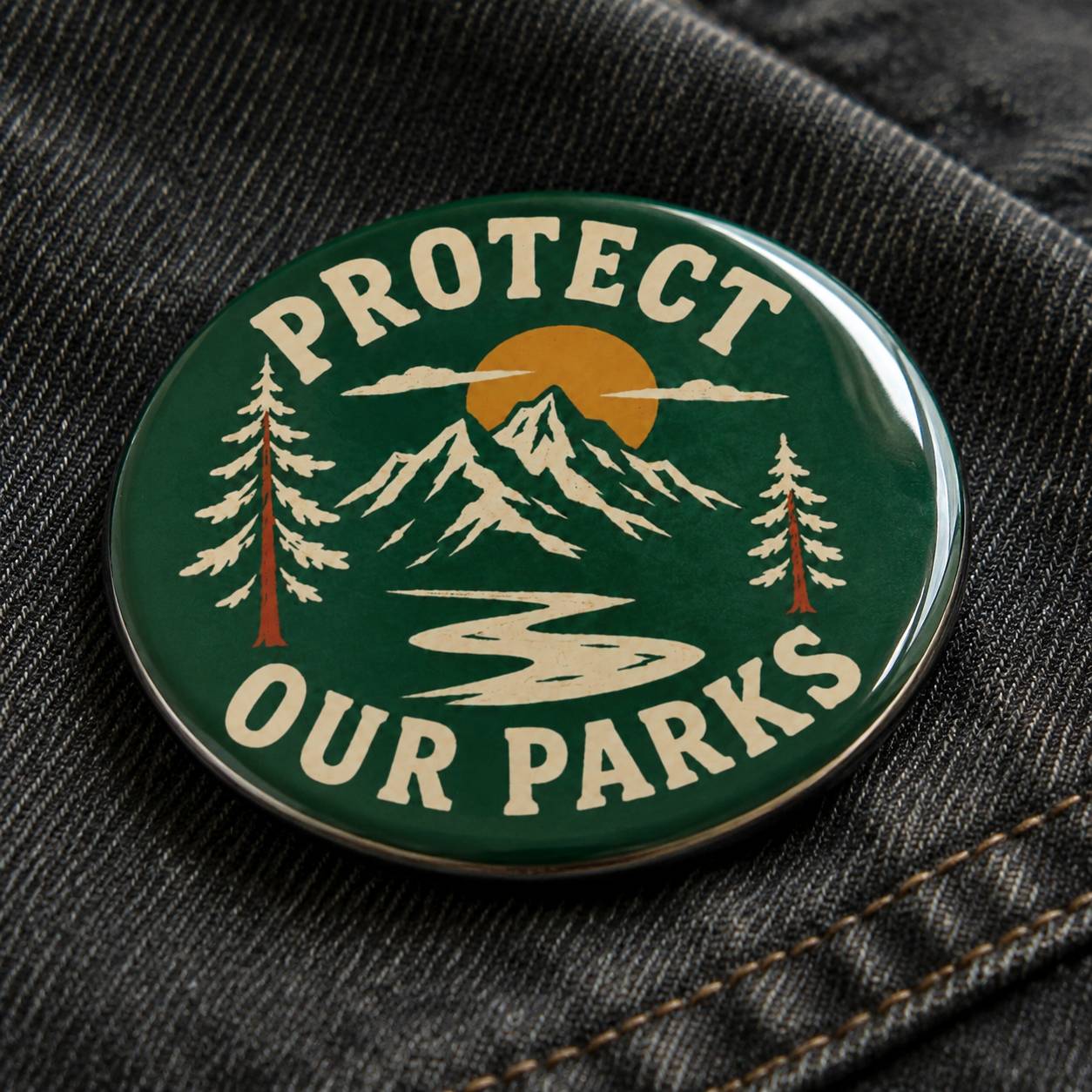 A round enamel pin with a green background and a scenic mountain, river, and sun illustration, featuring the text 'PROTECT OUR PARKS' in cream. The pin is shown pinned to dark gray denim fabric.