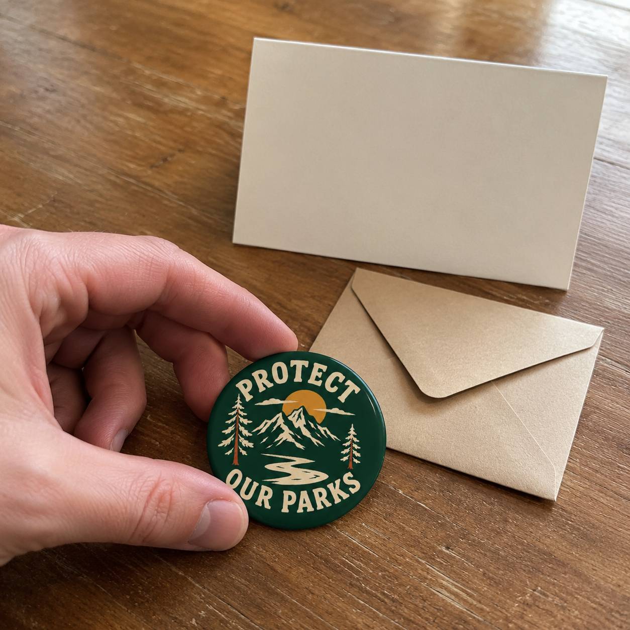 A hand holds a round green pin badge with a mountain and sun graphic and the words 'PROTECT OUR PARKS' in white, with a blank cream card and kraft envelope on a wooden table behind it.