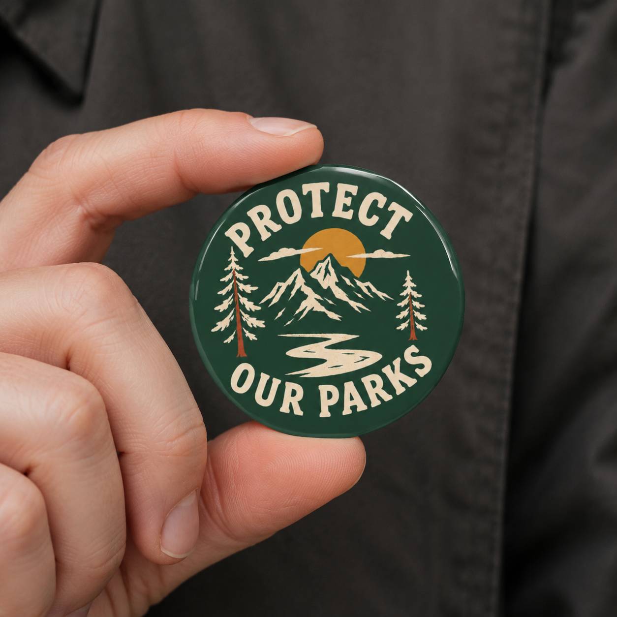 A close-up of a hand holding a round pin-back button with a dark green background and a mountain landscape graphic. The button has the words 'PROTECT OUR PARKS' in cream lettering and features a yellow sun, white mountains, and trees.
