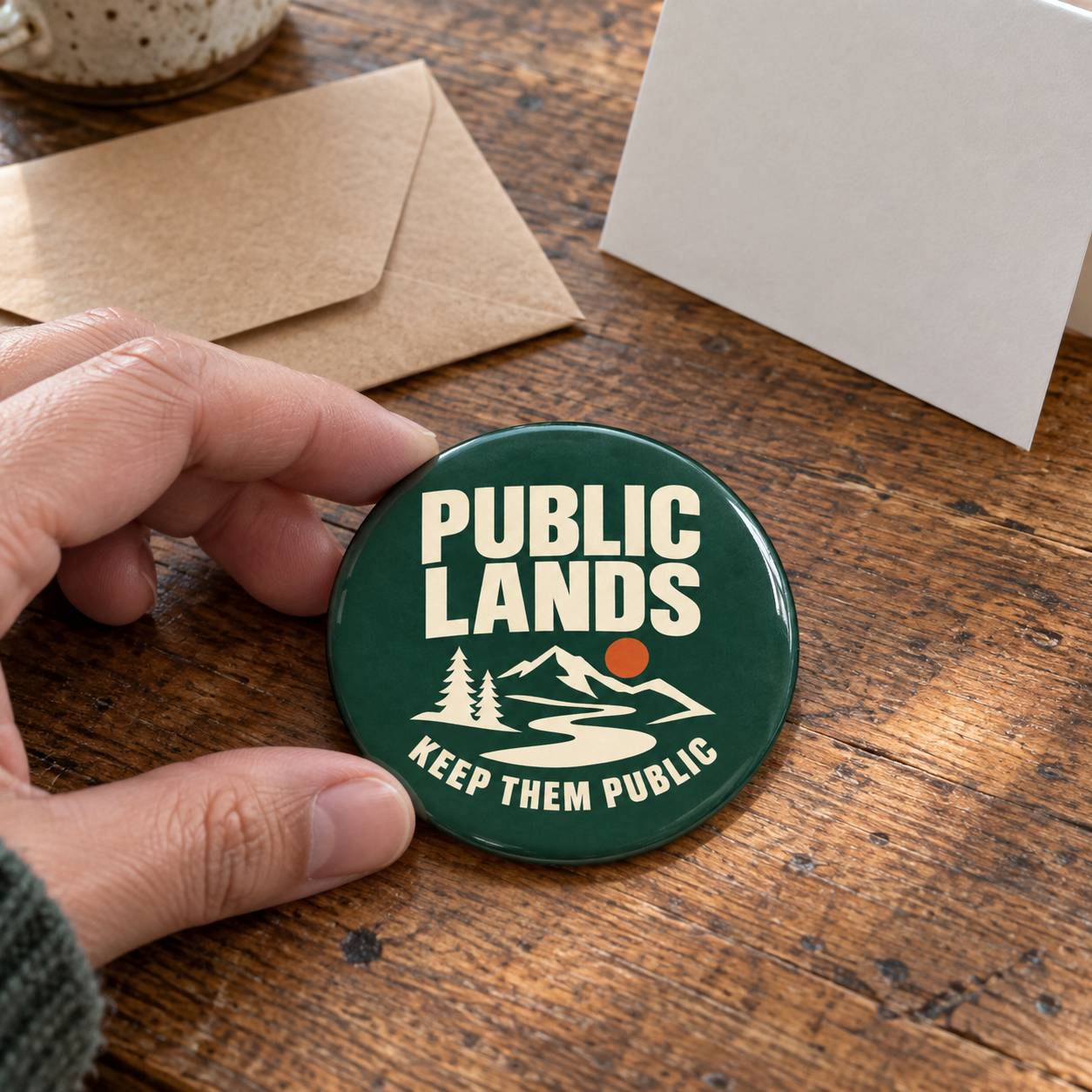 A hand holds a round green button badge with a white graphic reading 'PUBLIC LANDS KEEP THEM PUBLIC' on a rustic wooden table, with an envelope and card in the background.
