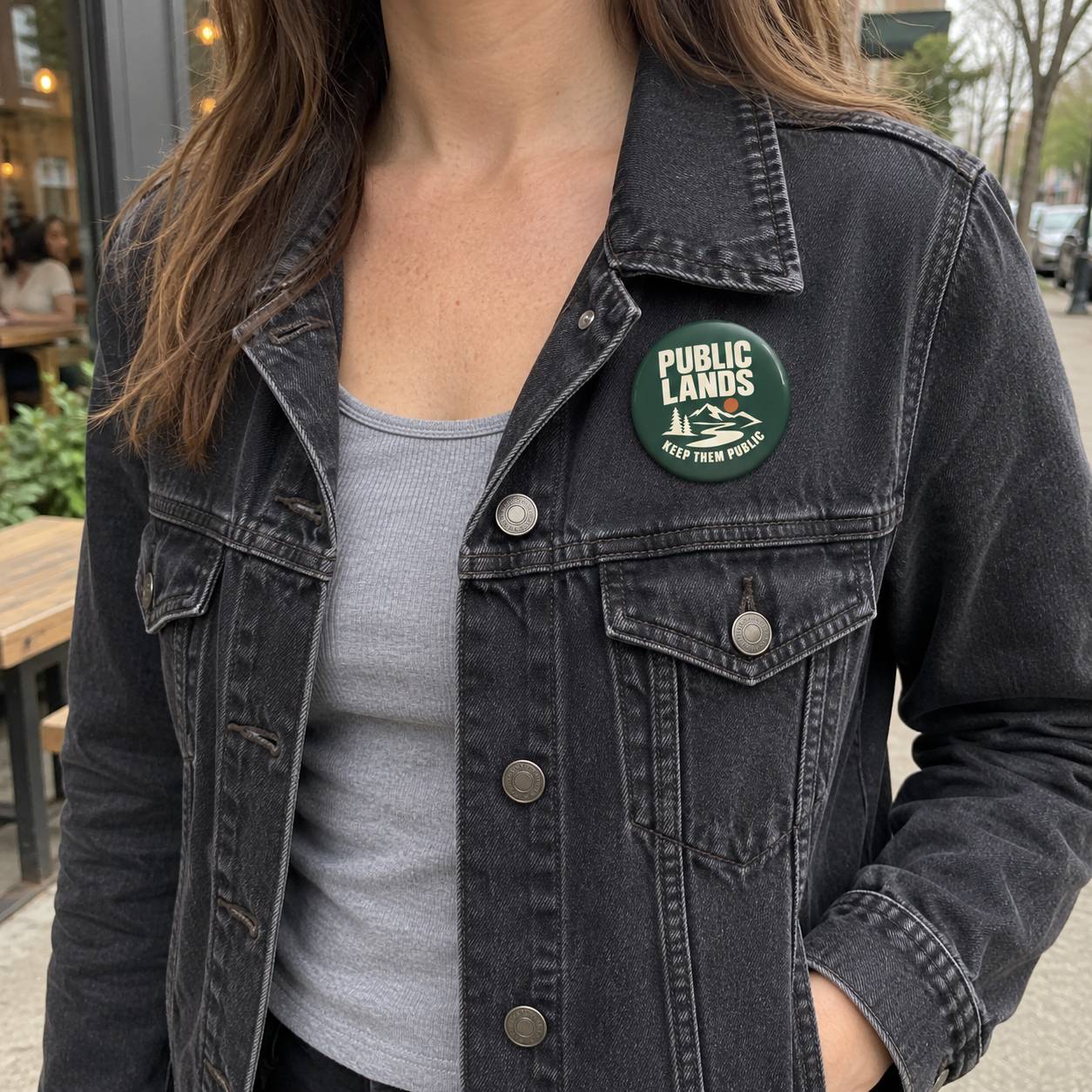 A person wearing a dark washed denim jacket over a light gray ribbed top, featuring a round green button with the text 'PUBLIC LANDS' and 'KEEP THEM PUIBLIC' on the chest.