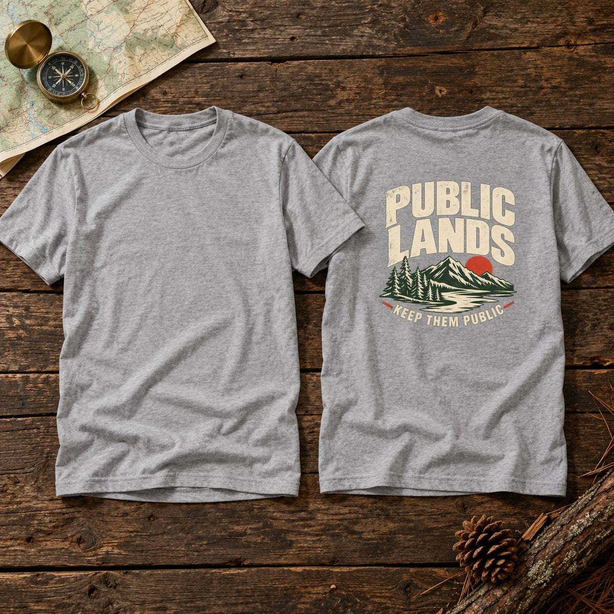Two heather gray t-shirts shown flat on a rustic wooden surface, displaying the front and back. The front is plain, while the back features a graphic of mountains, pine trees, a red sun, and the text 'PUBLIC LANDS' and 'KEEP THEM PUBLIC'.