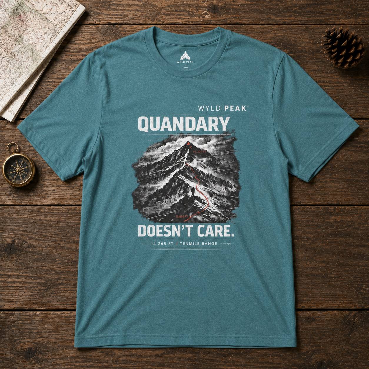 Teal t-shirt with mountain graphic and text on a wooden surface