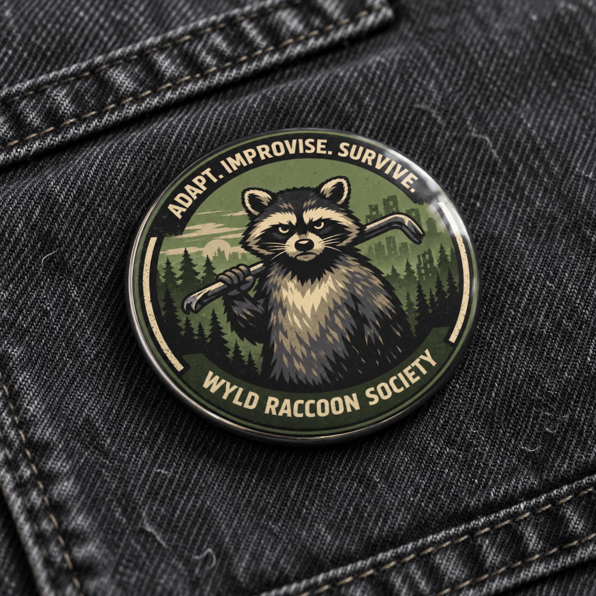 A round enamel pin featuring a raccoon holding a bow and arrow, with the text 'ADAPT. IMPROVISE. SURVIVE