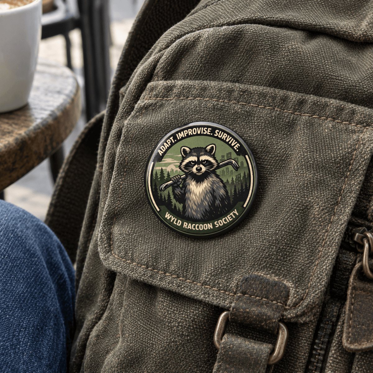 A close-up of an olive green canvas backpack with a round metal raccoon patch on the front pocket. The patch reads 'ADAPT, IMPROVISE, SURVIVE' and 'WYLD RACCOON SOCIETY' with an illustration of a raccoon holding a spear.