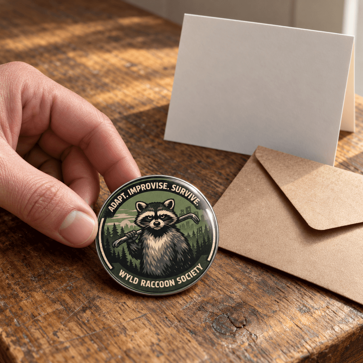 A hand holds a round pin badge featuring a raccoon holding a bow and arrow, with the text 'ADAPT IMPROVISE SURVIVE' and 'WYLD RACCOON SOCIETY' on a rustic wooden table next to a white card and a kraft envelope.