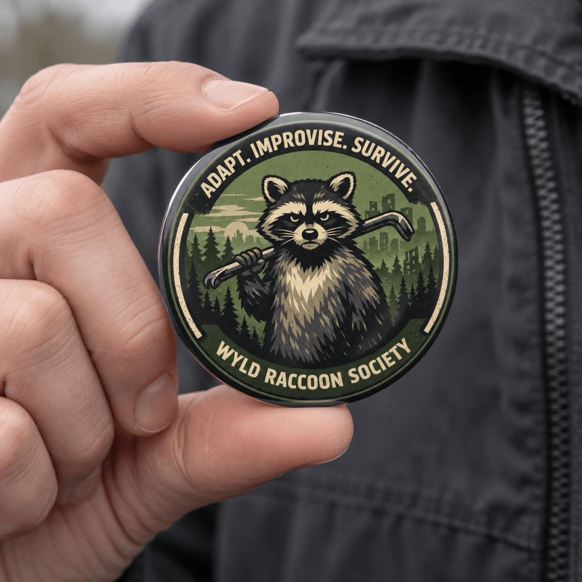 A hand holding a round pin badge featuring an illustrated raccoon with a bow and arrow, with the text 'ADAPT. IMPROVISE.
