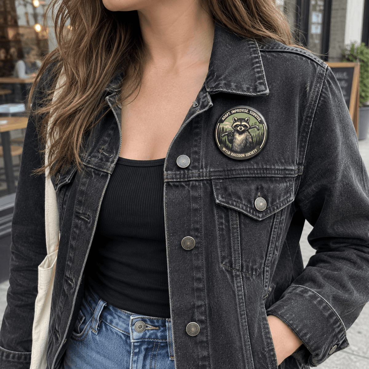 A person wearing a washed black denim jacket over a black ribbed top and blue jeans, with a round raccoon patch on the left chest. The background shows a softly blurred outdoor storefront setting.