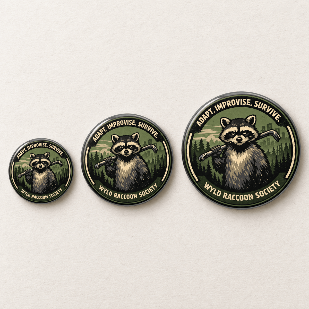 Three round pin-back buttons of decreasing sizes on a light beige textured background. Each button features an illustration of a raccoon holding a pipe, with the text 'ADAPT.