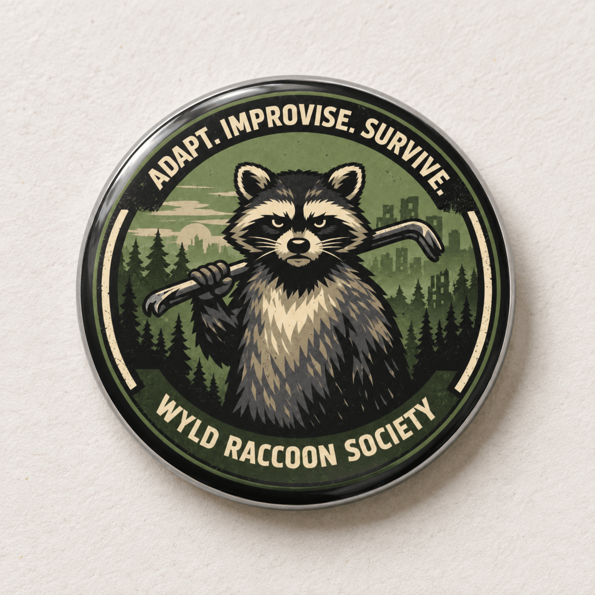 A round pin badge featuring a stylized raccoon holding a guitar, with the text 'ADAPT. IMPROVISE.