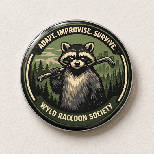 A round pin badge featuring a stylized raccoon holding a guitar, with the text 'ADAPT. IMPROVISE.