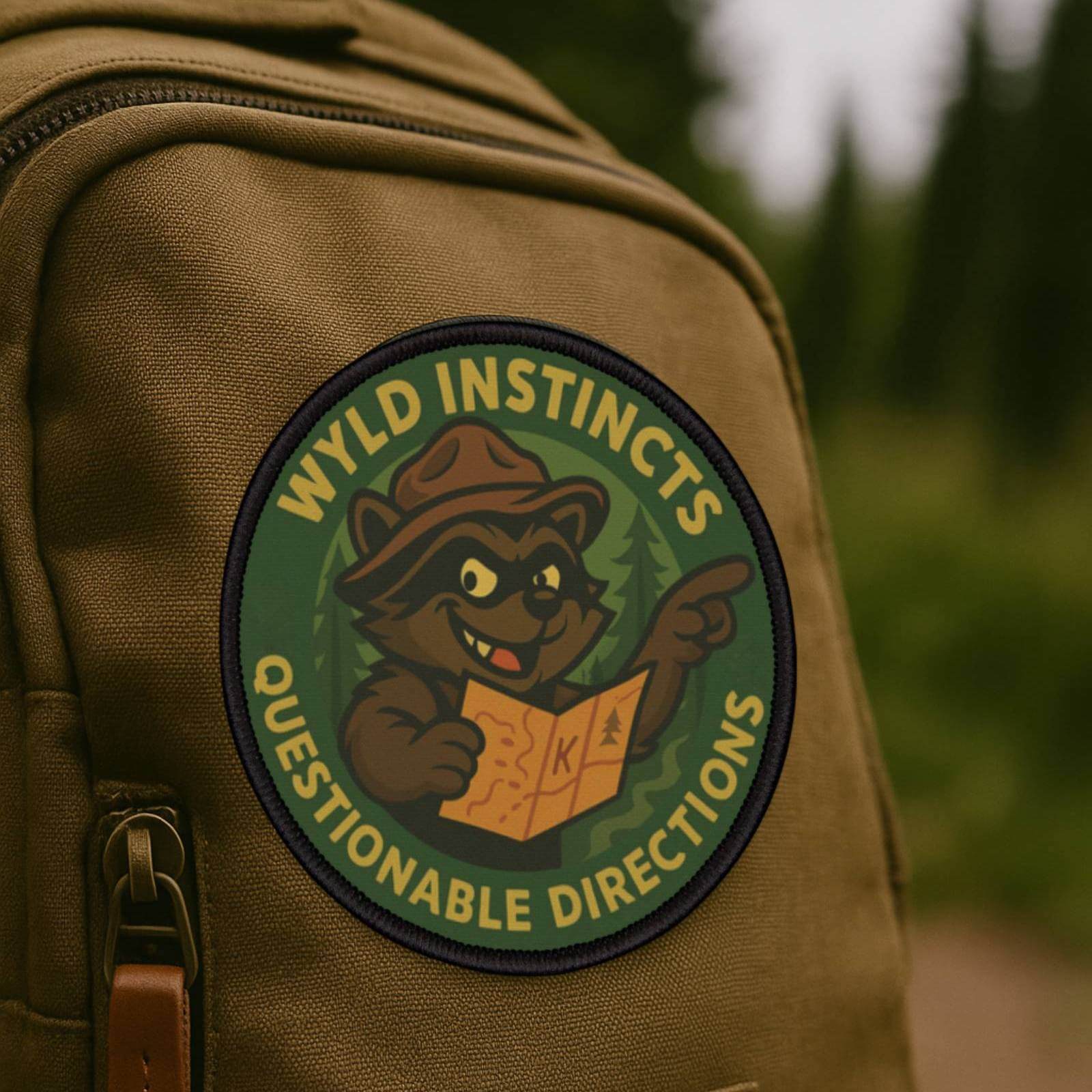Raccoon patch shown on a backpack along a U.S. national park trail