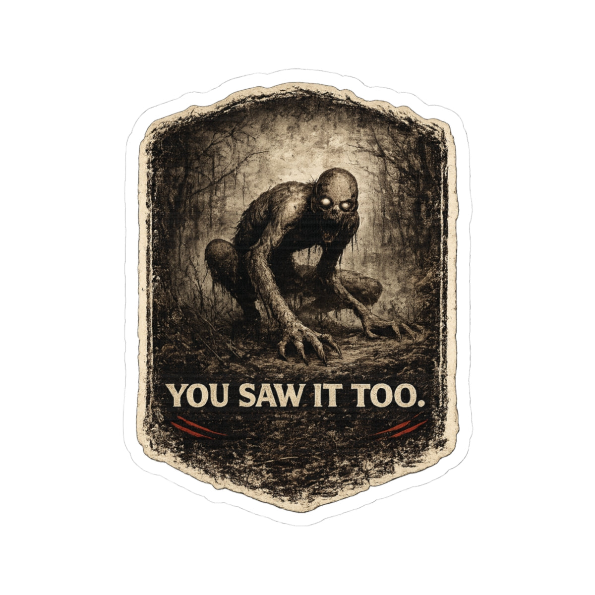Rake creepypasta horror creature sticker on white background, creepy vinyl decal with dark aesthetic design for laptops, water bottles, and horror fans