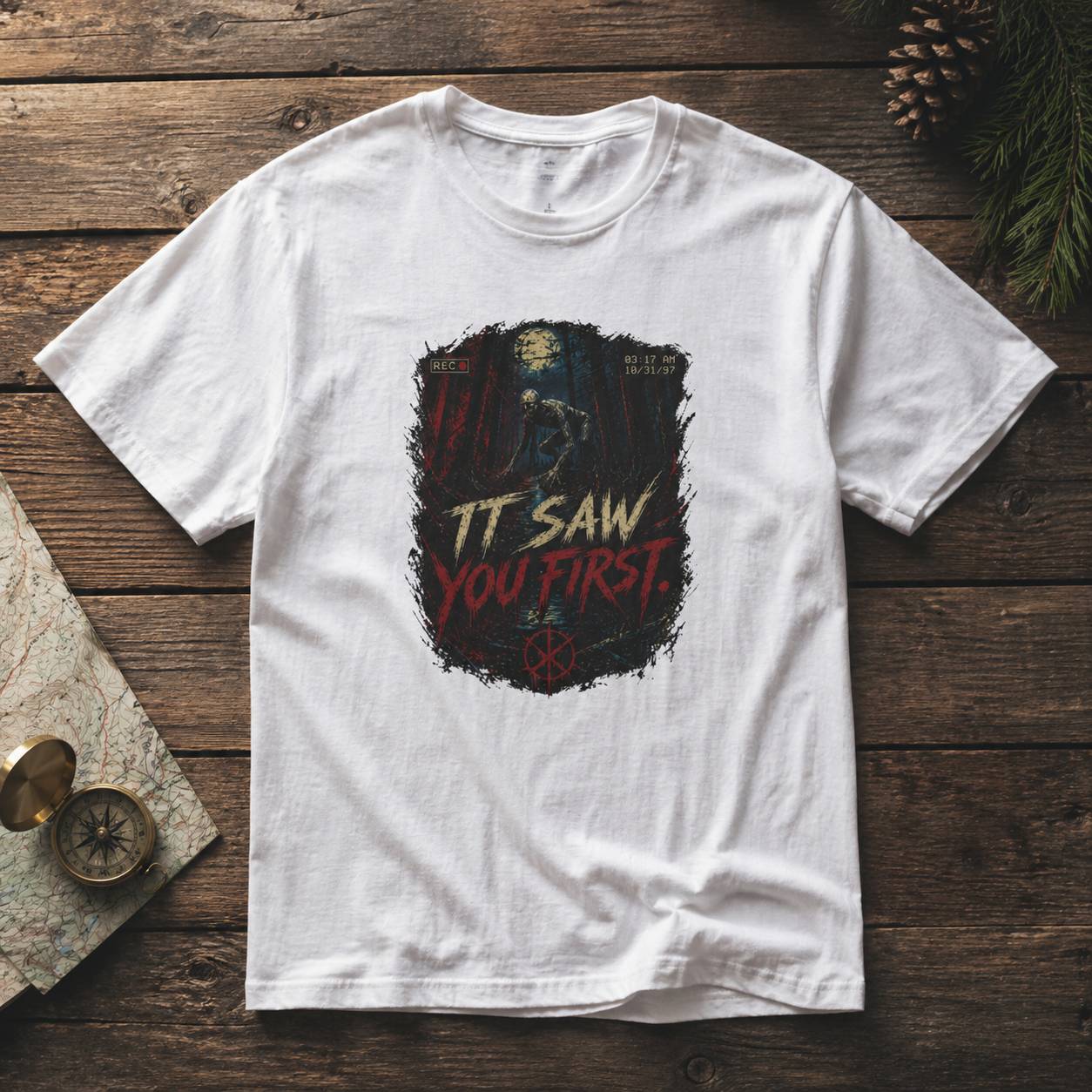 White t-shirt with rake graphic design and text on a wooden surface