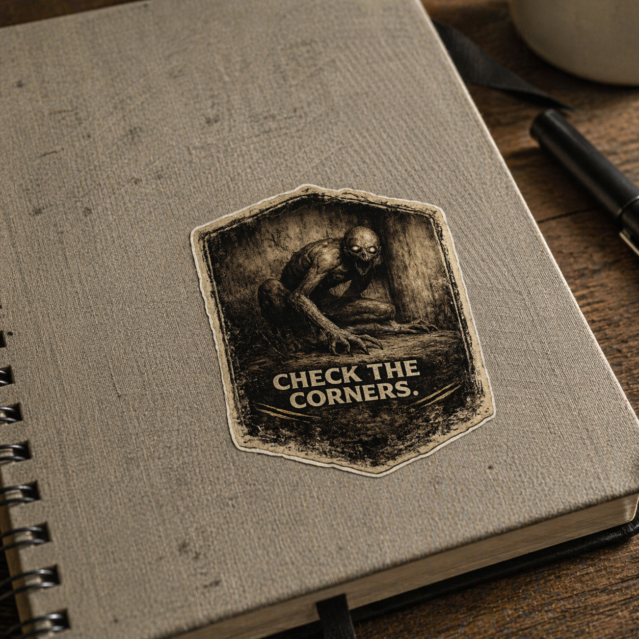 Notebook with a sticker featuring a skeleton and text 'Check the Corners' on a wooden surface.