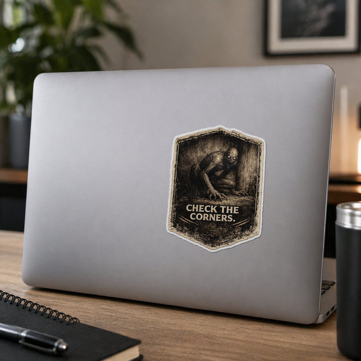 Laptop with a 'Check the Corners' sticker on a desk with a notebook and pen.