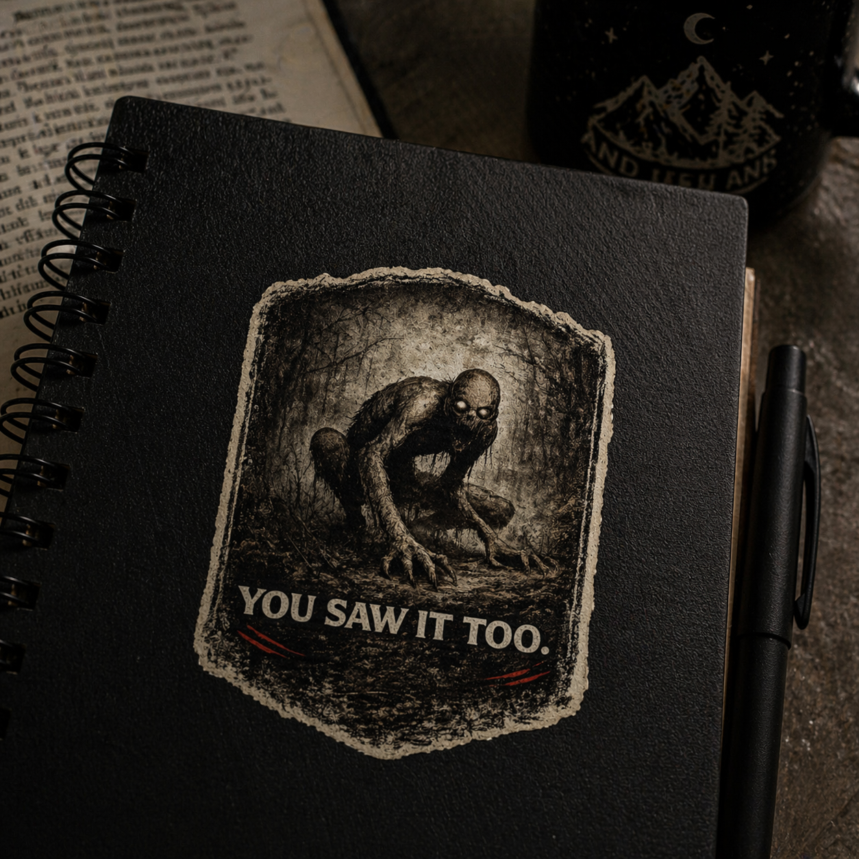 Rake creepypasta vinyl sticker on notebook, creepy horror creature design for journals and dark aesthetic sticker collections