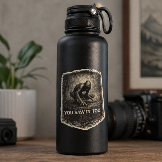 Creepy Rake sticker on matte water bottle, creepypasta horror vinyl decal with dark aesthetic design for everyday carry and horror lovers