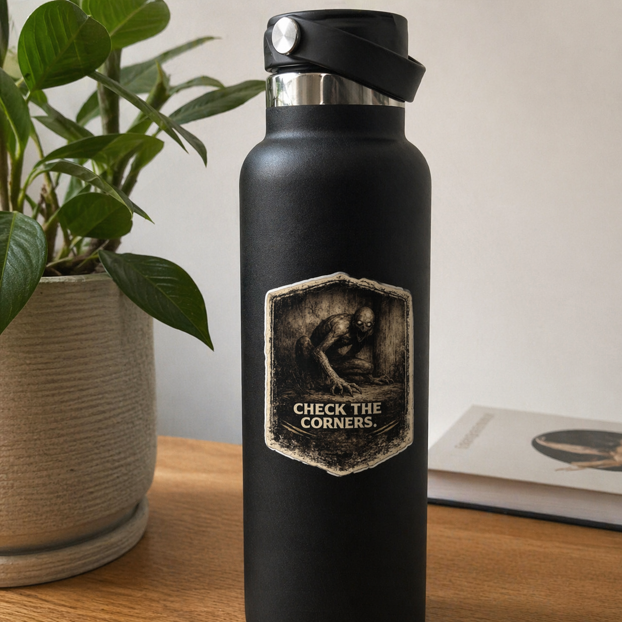 Black water bottle with 'Check the Corners' label on a wooden surface with a plant and book in the background.
