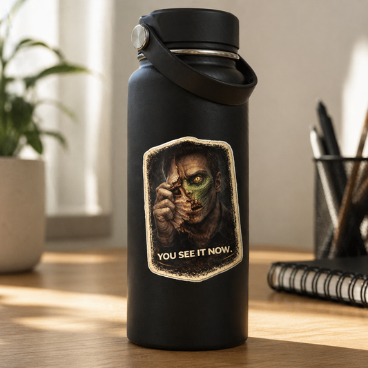 Black water bottle with a graphic design on a wooden surface