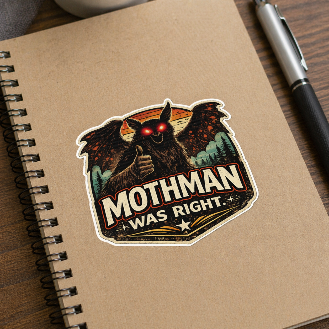 Sticker with Mothman design on a notebook
