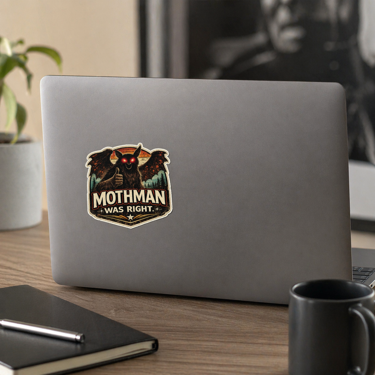 Laptop with a Mothman sticker on a desk with a notebook and mug.