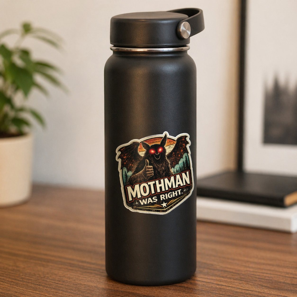 Black water bottle with Mothman design on a wooden surface