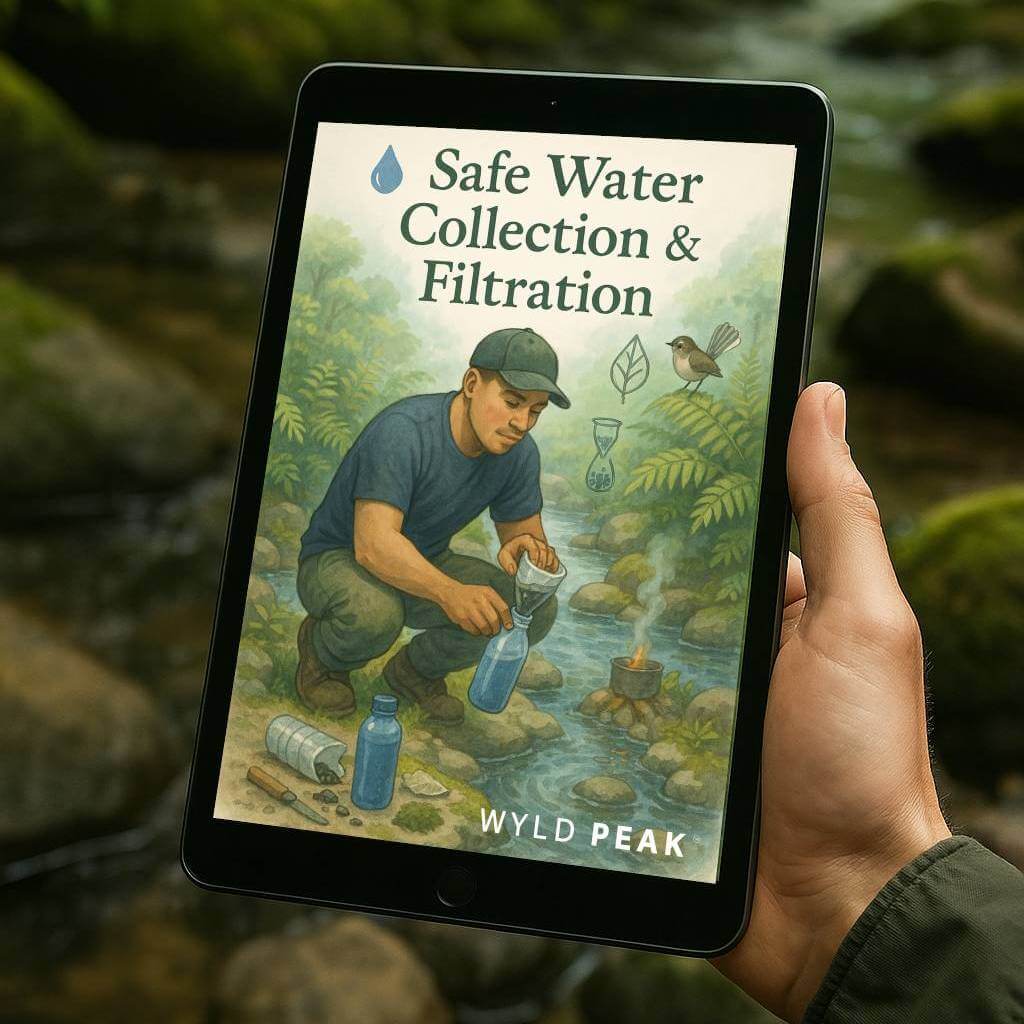 Wyld Peak safe water collection and filtration guide on a tablet in front of a stream