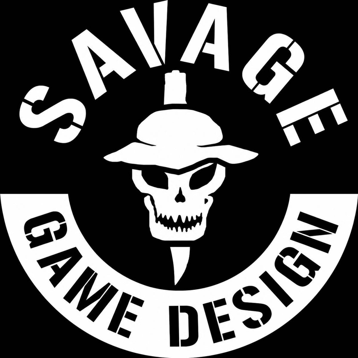 A black and white graphic design featuring a skull wearing a hat, with the words 'SAVAGE GAME DESIGN' in a bold, distressed stencil font.