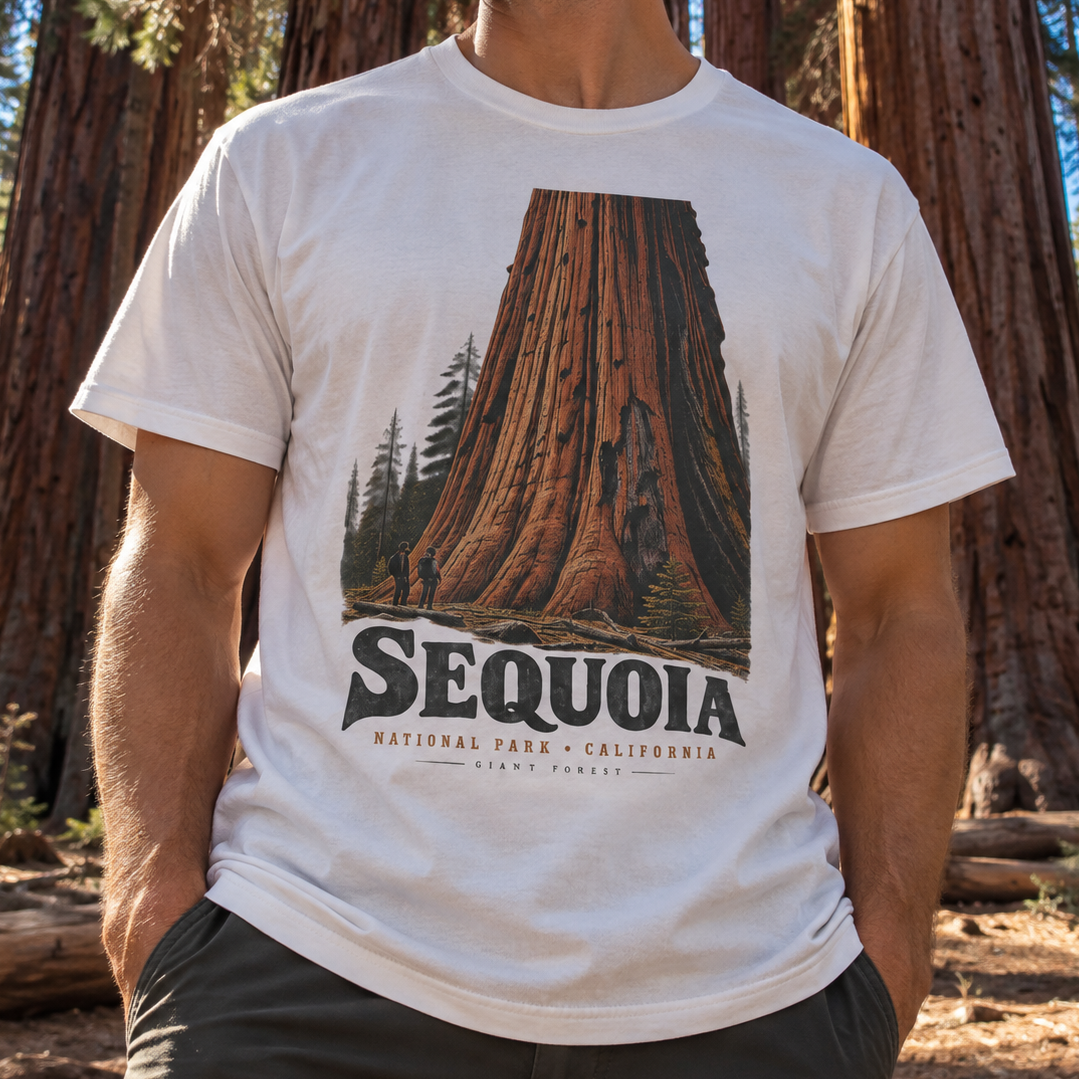 A man wearing a white graphic t-shirt featuring a large redwood tree illustration and the text 'SEQUOIA NATIONAL PARK - CALIFORNIA' in an outdoor forest setting.