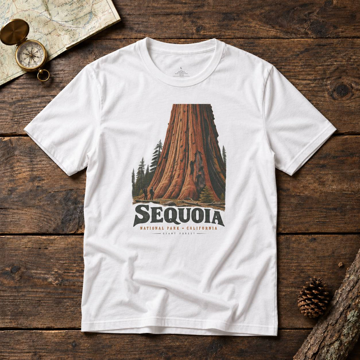 A white short-sleeve graphic T-shirt laid flat on a rustic dark wood surface, featuring a large redwood tree illustration and the text 'SEQUOIA NATIONAL PARK - CALIFORNIA' on the front. Decorative props including a map, compass, and pinecone surround the shirt.